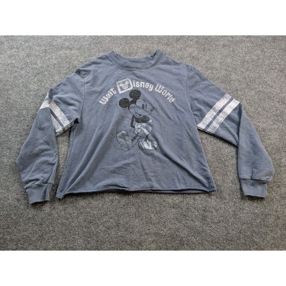 Disney World Mickey Mouse Sweatshirt Womens Small Blue Vintage Crop Long Sleeve
